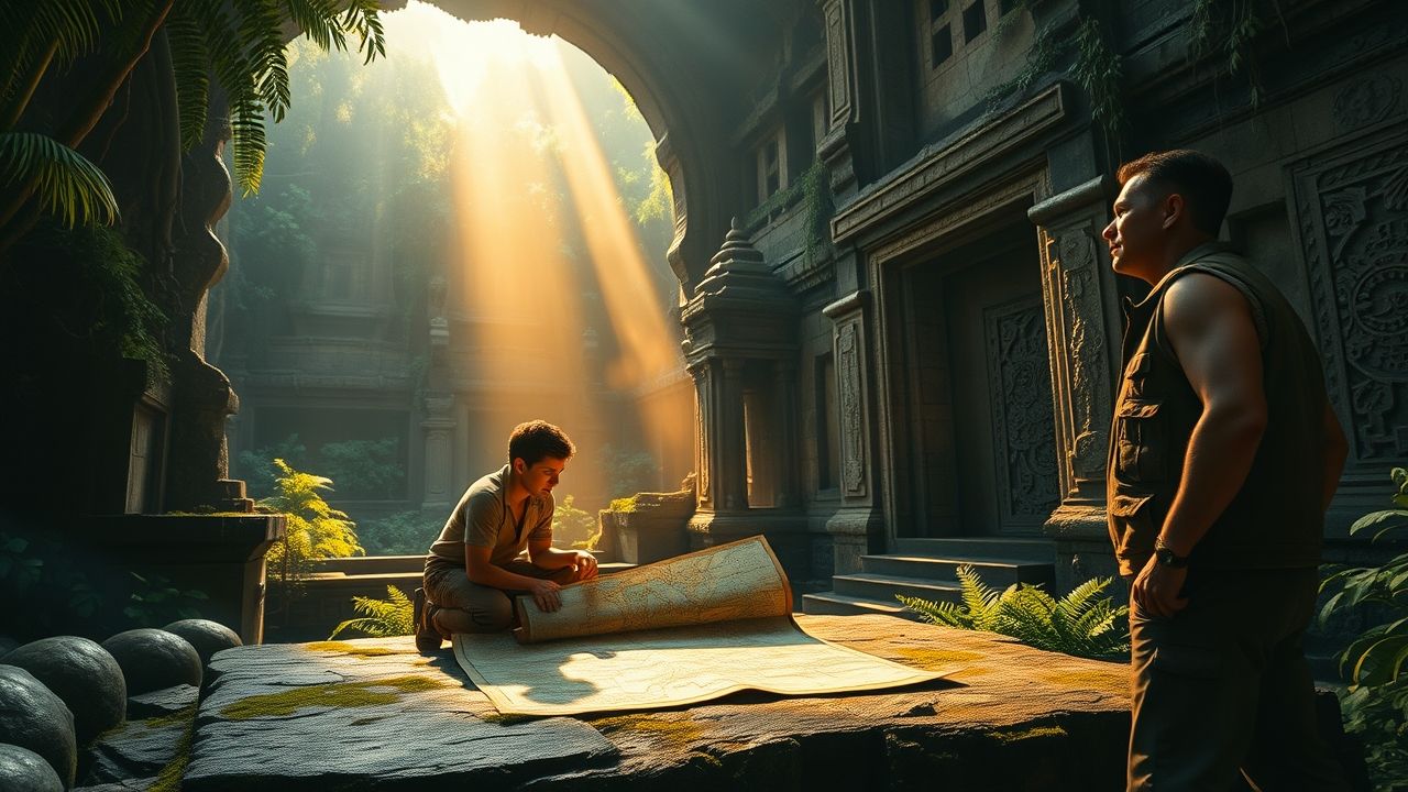 a wide cinematic landscape shot capturing a thrilling moment of discovery within a vast ancient o