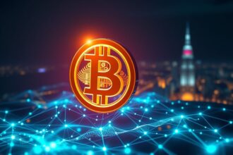a wide cinematic landscape shot depicting a radiant three dimensional bitcoin symbol the b with
