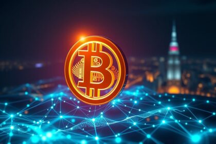 a wide cinematic landscape shot depicting a radiant three dimensional bitcoin symbol the b with