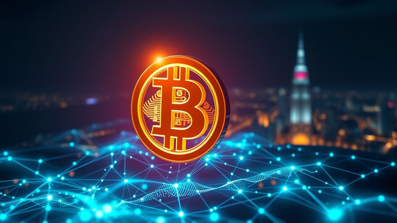 a wide cinematic landscape shot depicting a radiant three dimensional bitcoin symbol the b with