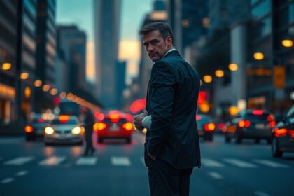 a wide cinematic landscape shot depicting an urban street scene at twilight in the mid ground a l