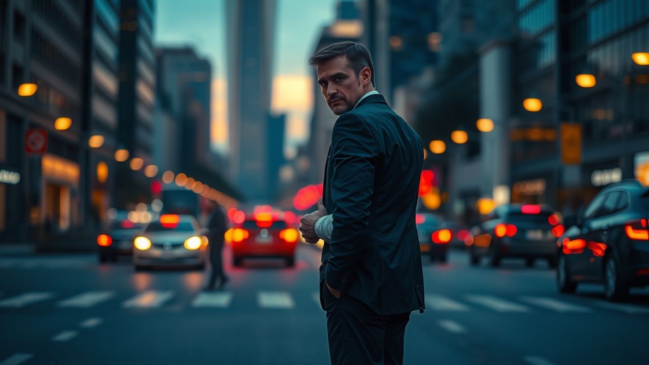 a wide cinematic landscape shot depicting an urban street scene at twilight in the mid ground a l