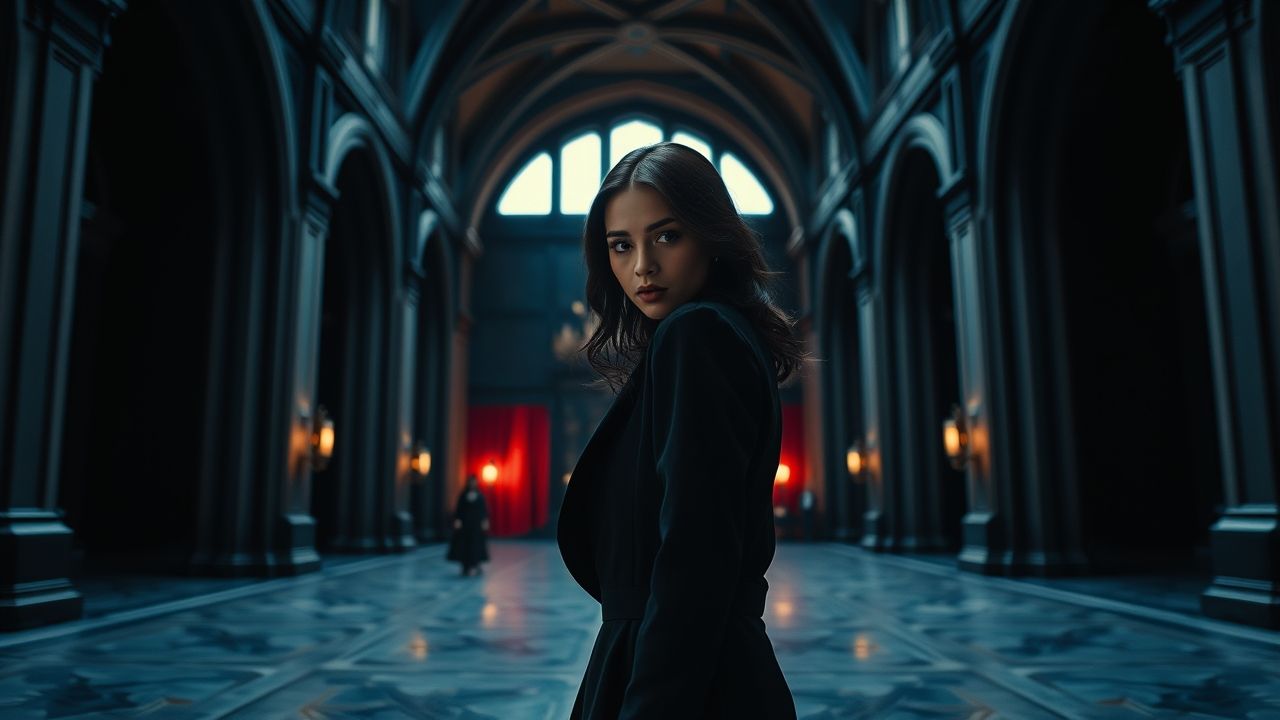 a wide cinematic landscape shot featuring jenna ortega embodying a sophisticated and enigmatic pre