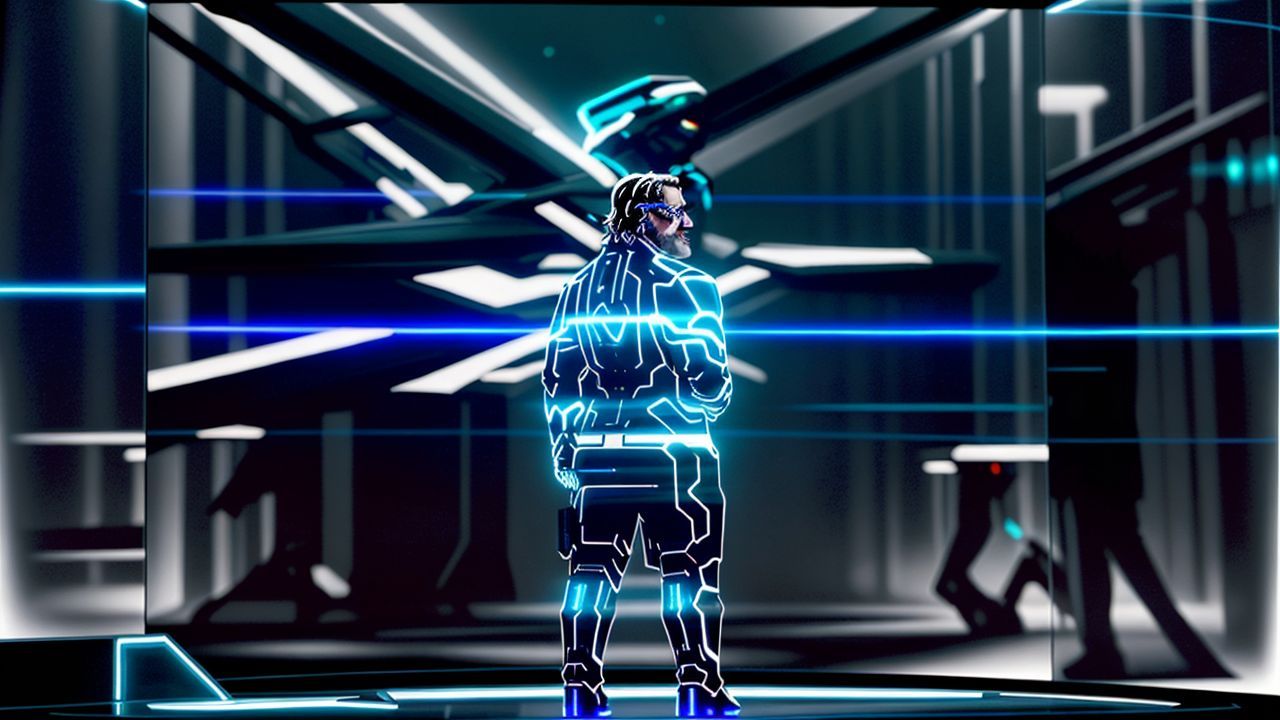 a wide cinematic landscape shot gabe newell stands authoritatively in the foreground his back par