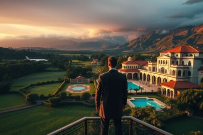 a wide cinematic landscape shot of a sprawling luxurious colonial style hacienda nestled deep with