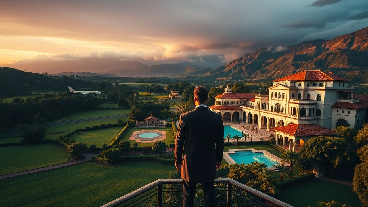 a wide cinematic landscape shot of a sprawling luxurious colonial style hacienda nestled deep with