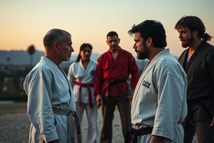 a wide cinematic landscape shot of an intense dramatic standoff between rival karate dojos at dusk