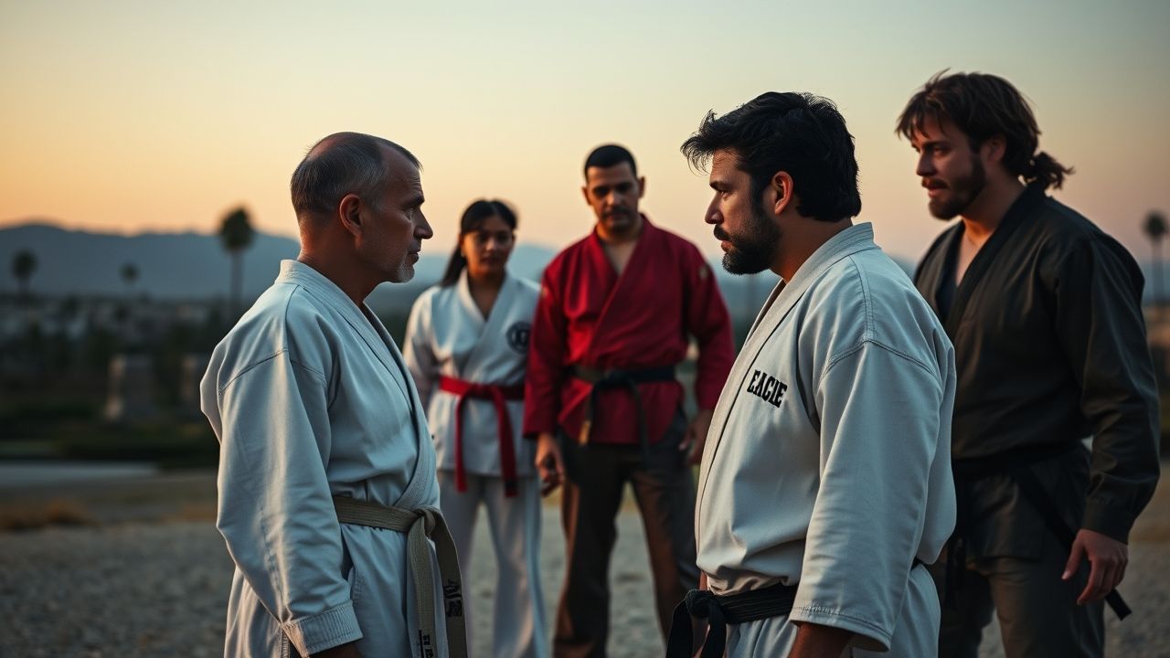 a wide cinematic landscape shot of an intense dramatic standoff between rival karate dojos at dusk