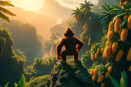 a wide cinematic landscape shot of donkey kong standing triumphantly on a high moss covered overlo