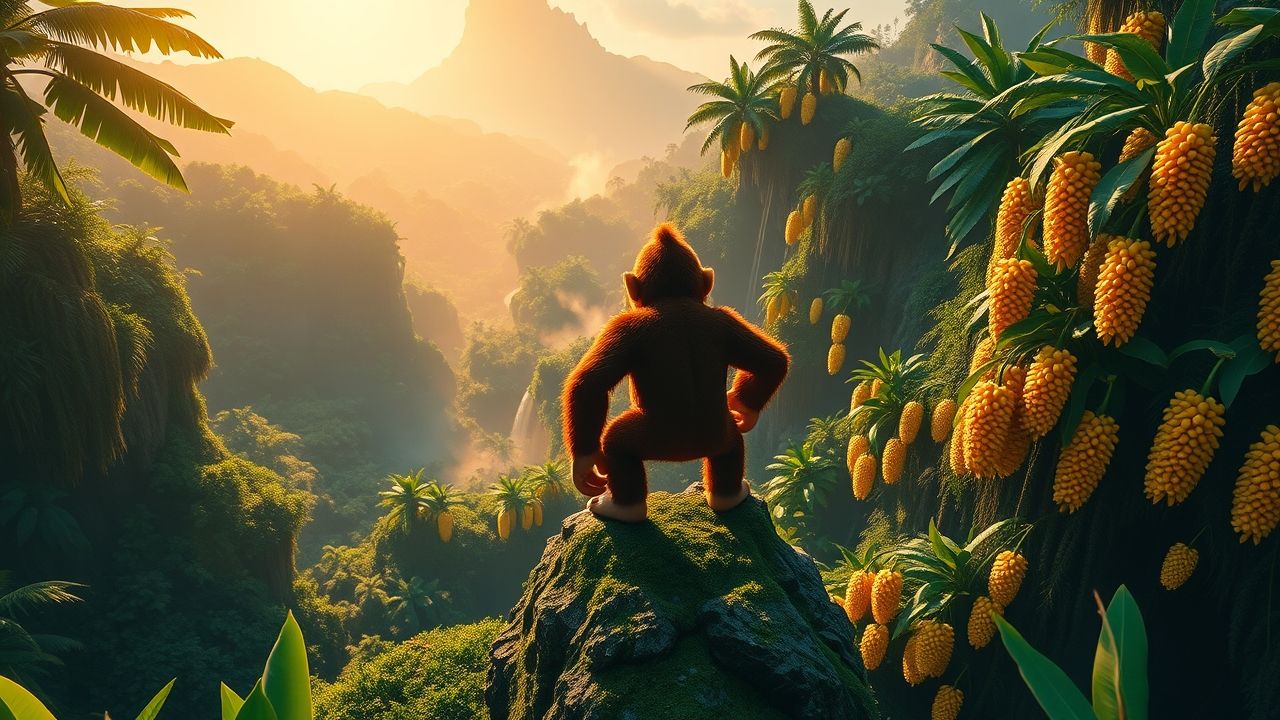 a wide cinematic landscape shot of donkey kong standing triumphantly on a high moss covered overlo