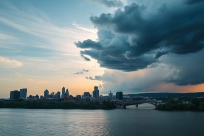 a wide cinematic landscape shot of the louisville kentucky skyline from a slightly elevated vantag