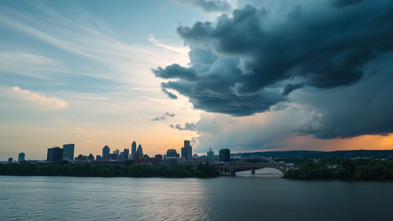 a wide cinematic landscape shot of the louisville kentucky skyline from a slightly elevated vantag