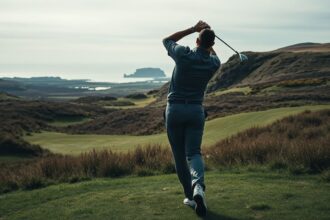 a wide cinematic shot capturing a professional golfer in the act of playing either at the apex of