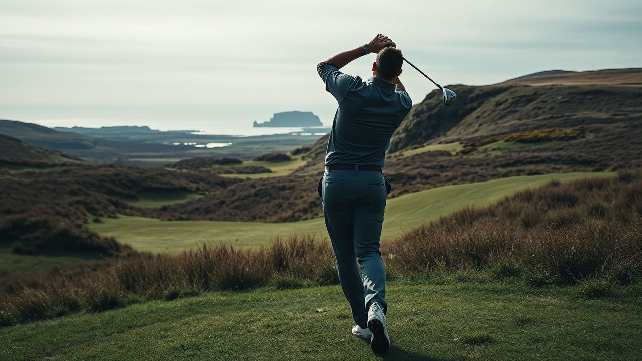 a wide cinematic shot capturing a professional golfer in the act of playing either at the apex of