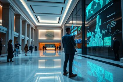 a wide cinematic shot of a sleek modern bank interior seamlessly blending traditional architectur