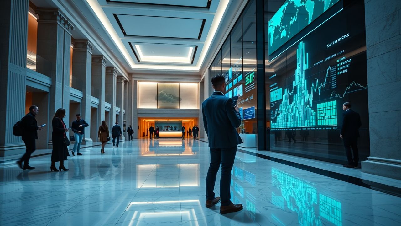 a wide cinematic shot of a sleek modern bank interior seamlessly blending traditional architectur