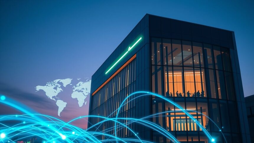 a wide cinematic shot of a sleek modern financial institution building resembling a secure corpor