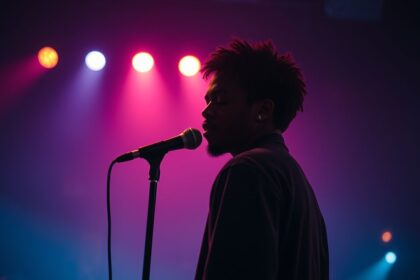 a wide cinematic shot of daniel caesar a canadian singer songwriter in his early 30s performing o