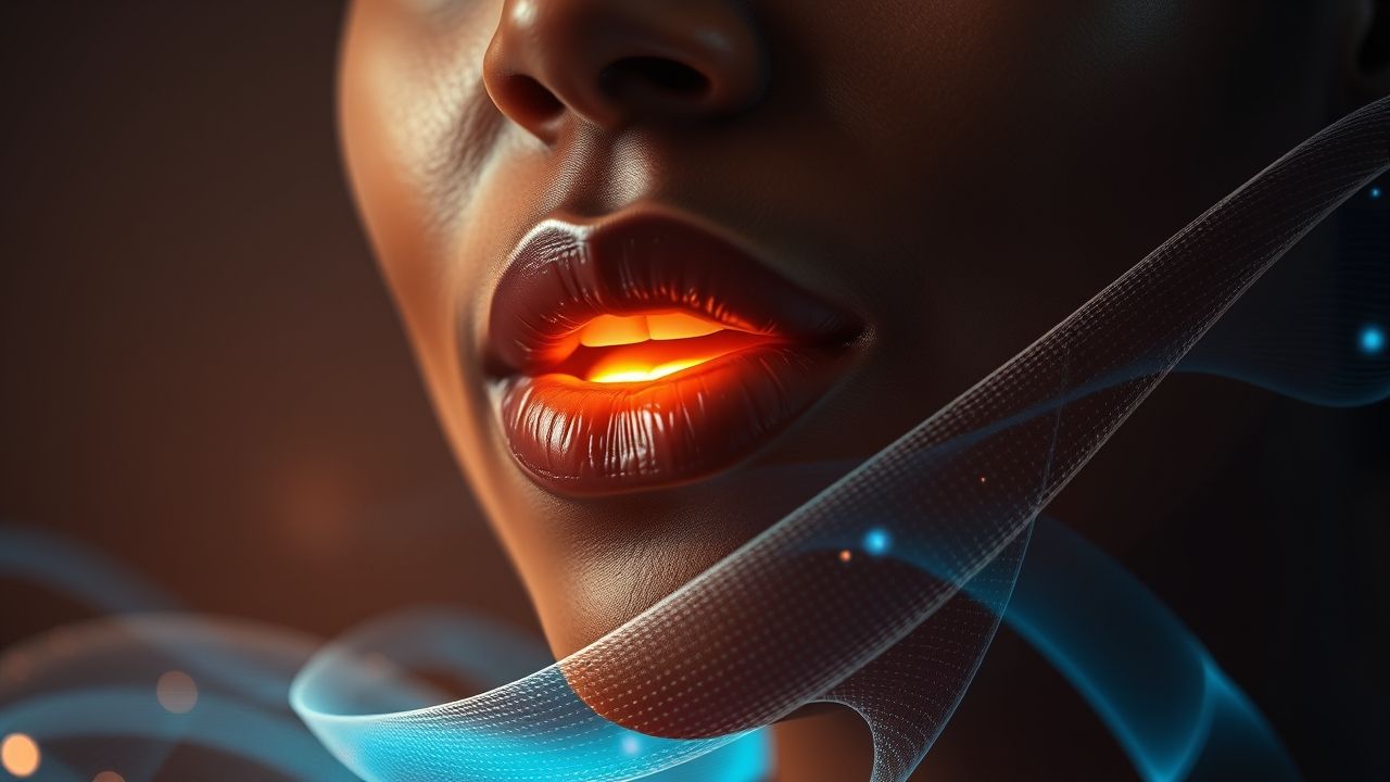a wide detailed shot of the lower half of a diverse human face mouth chin and lower nose with