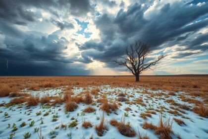 a wide dramatic landscape shot of the nebraska great plains at the cusp of spring in the foregroun