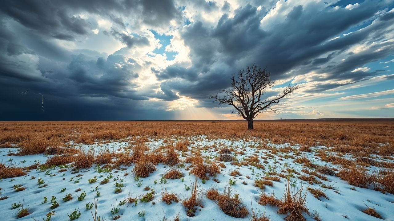 a wide dramatic landscape shot of the nebraska great plains at the cusp of spring in the foregroun