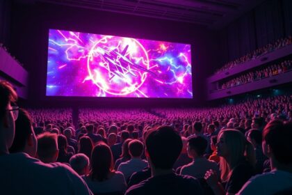 a wide dramatic shot inside a packed modern movie theater looking towards the massive brightly l