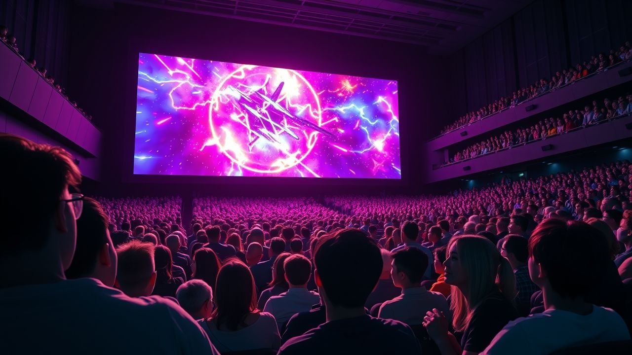 a wide dramatic shot inside a packed modern movie theater looking towards the massive brightly l