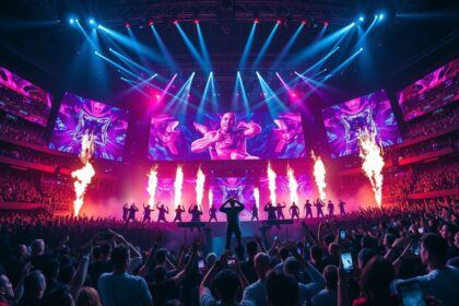 a wide dynamic and electrifying scene of a massive arena concert in the center chris brown is ca