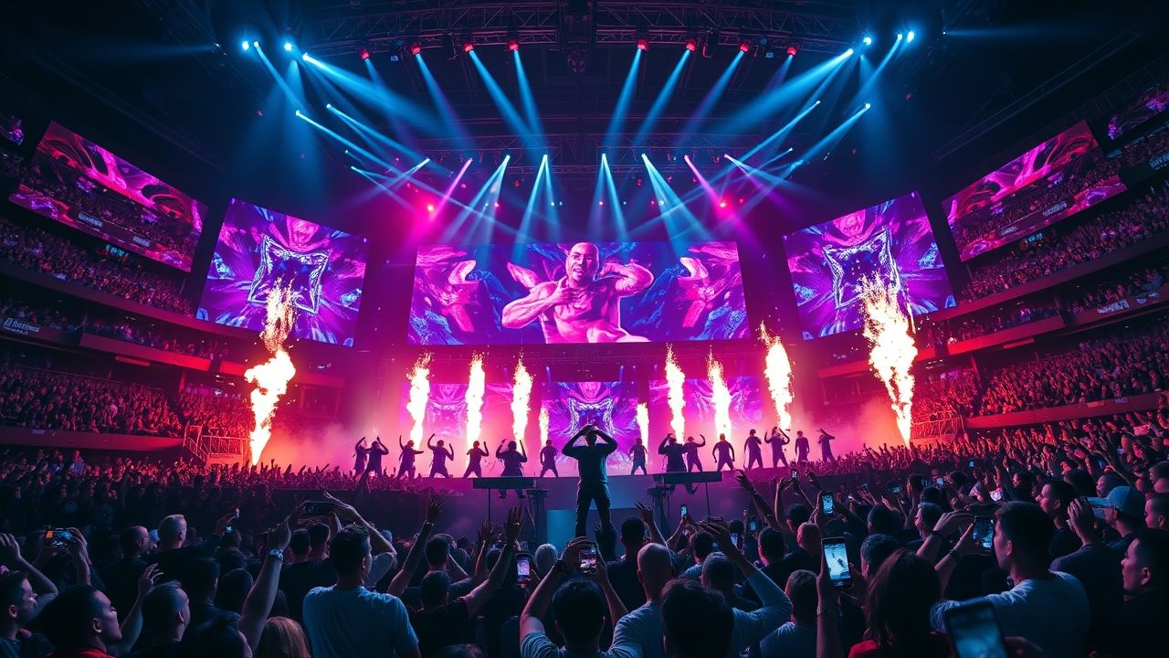 a wide dynamic and electrifying scene of a massive arena concert in the center chris brown is ca
