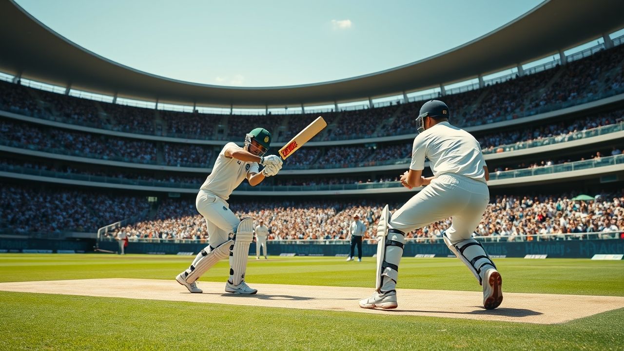 a wide dynamic cinematic shot of a high stakes international cricket match in progress during a br