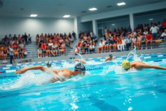 a wide dynamic landscape shot capturing the intense energy and community spirit of a local swimming