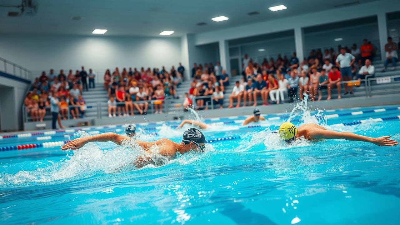 a wide dynamic landscape shot capturing the intense energy and community spirit of a local swimming