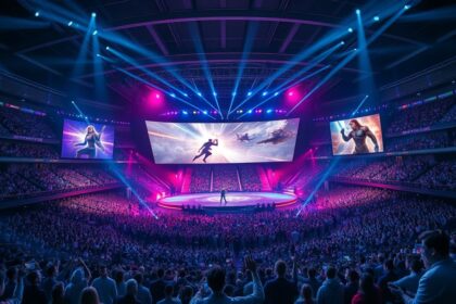 a wide dynamic landscape shot of a colossal futuristic esports stadium bustling with a vibrant di