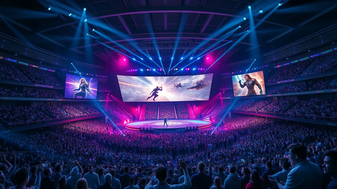 a wide dynamic landscape shot of a colossal futuristic esports stadium bustling with a vibrant di