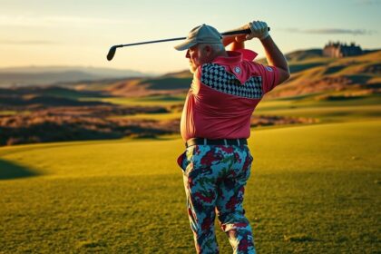 a wide dynamic landscape shot of professional golfer john daly in action specifically at the apex
