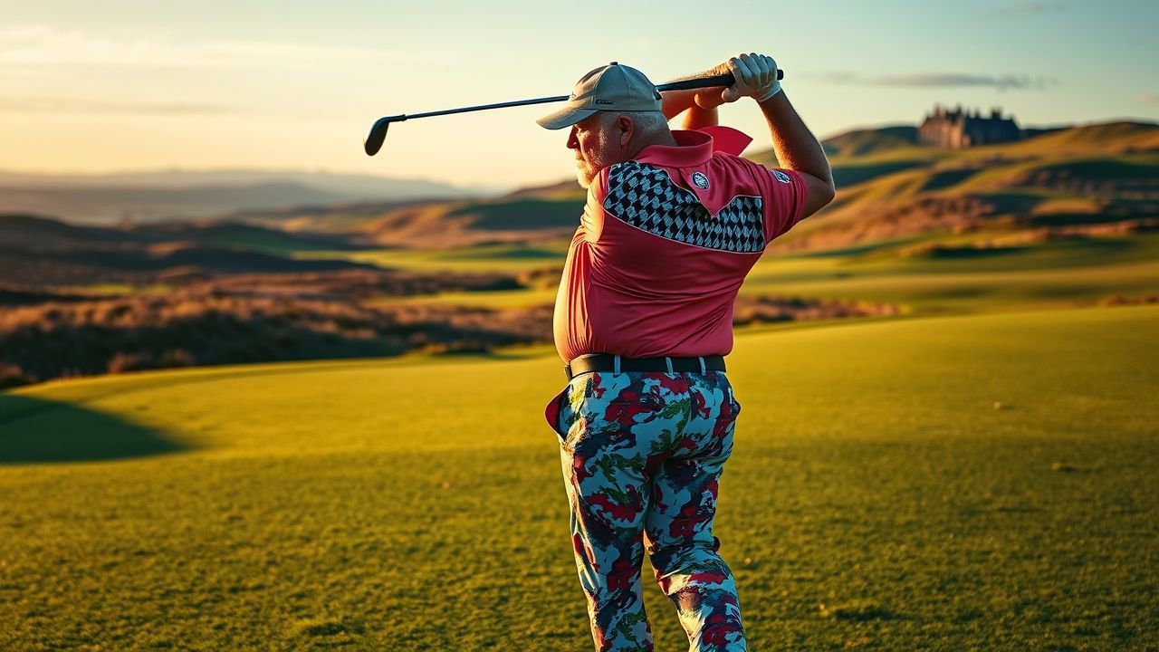 a wide dynamic landscape shot of professional golfer john daly in action specifically at the