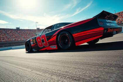 a wide dynamic low angle shot of a powerful iconic 1990s era black and red stock car reminiscent