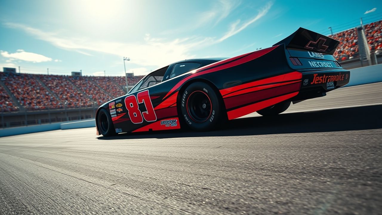 a wide dynamic low angle shot of a powerful iconic 1990s era black and red stock car reminiscent