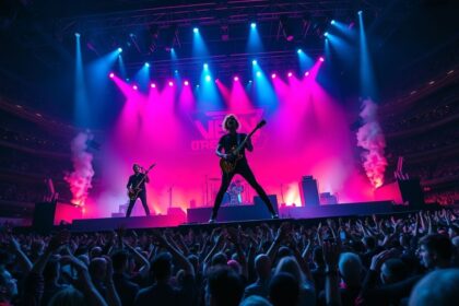 a wide dynamic shot of green day performing live on a massive stadium stage at night billie joe ar