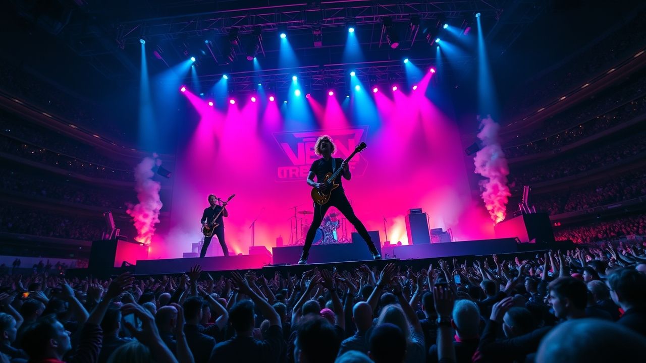 a wide dynamic shot of green day performing live on a massive stadium stage at night billie joe ar