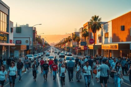 a wide dynamic streetscape of panorama city los angeles at golden hour the scene depicts a bustl
