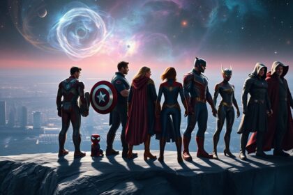 a wide epic landscape shot showcasing a unified assembly of iconic marvel cinematic universe mcu