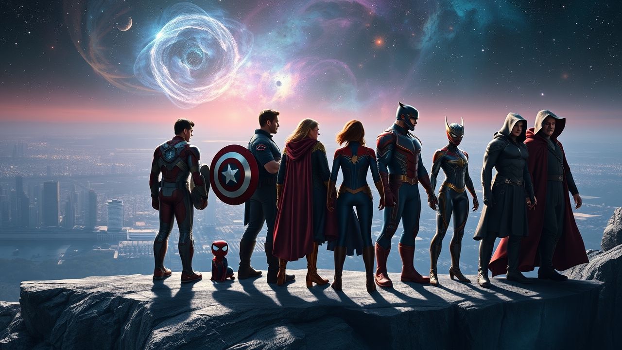 a wide epic landscape shot showcasing a unified assembly of iconic marvel cinematic universe mcu