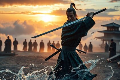 a wide epic shot depicting tanjiro kamado dressed in his classic green and black checkered haori