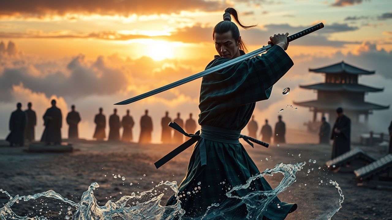 a wide epic shot depicting tanjiro kamado dressed in his classic green and black checkered haori