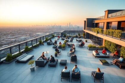 a wide expansive outdoor rooftop terrace on a sleek modern high rise apartment building the terra