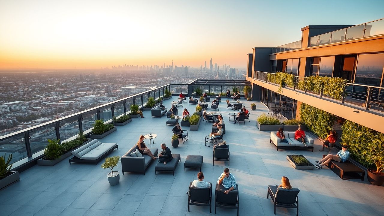 a wide expansive outdoor rooftop terrace on a sleek modern high rise apartment building the terra