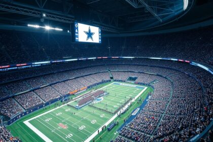 a wide high angle landscape shot capturing the immense energy inside att stadium during a dallas c