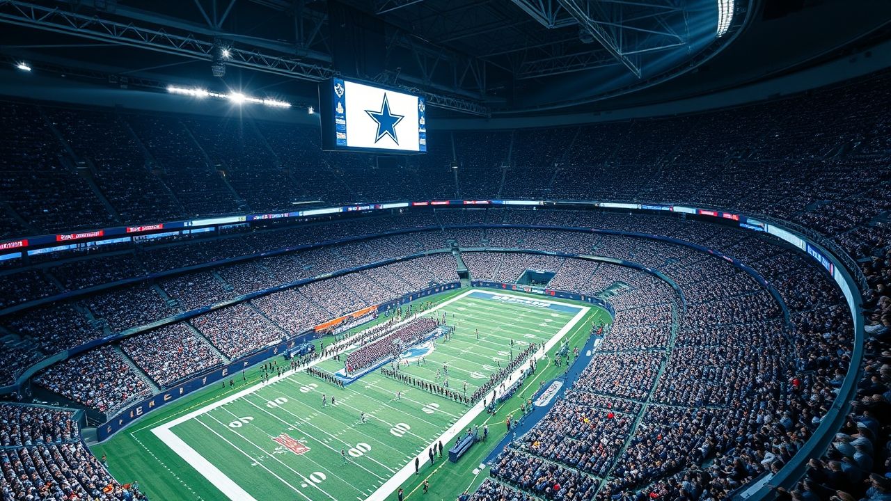 a wide high angle landscape shot capturing the immense energy inside att stadium during a dallas c