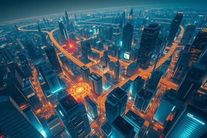 a wide high angle view of a sprawling futuristic metropolis undergoing an instantaneous transform